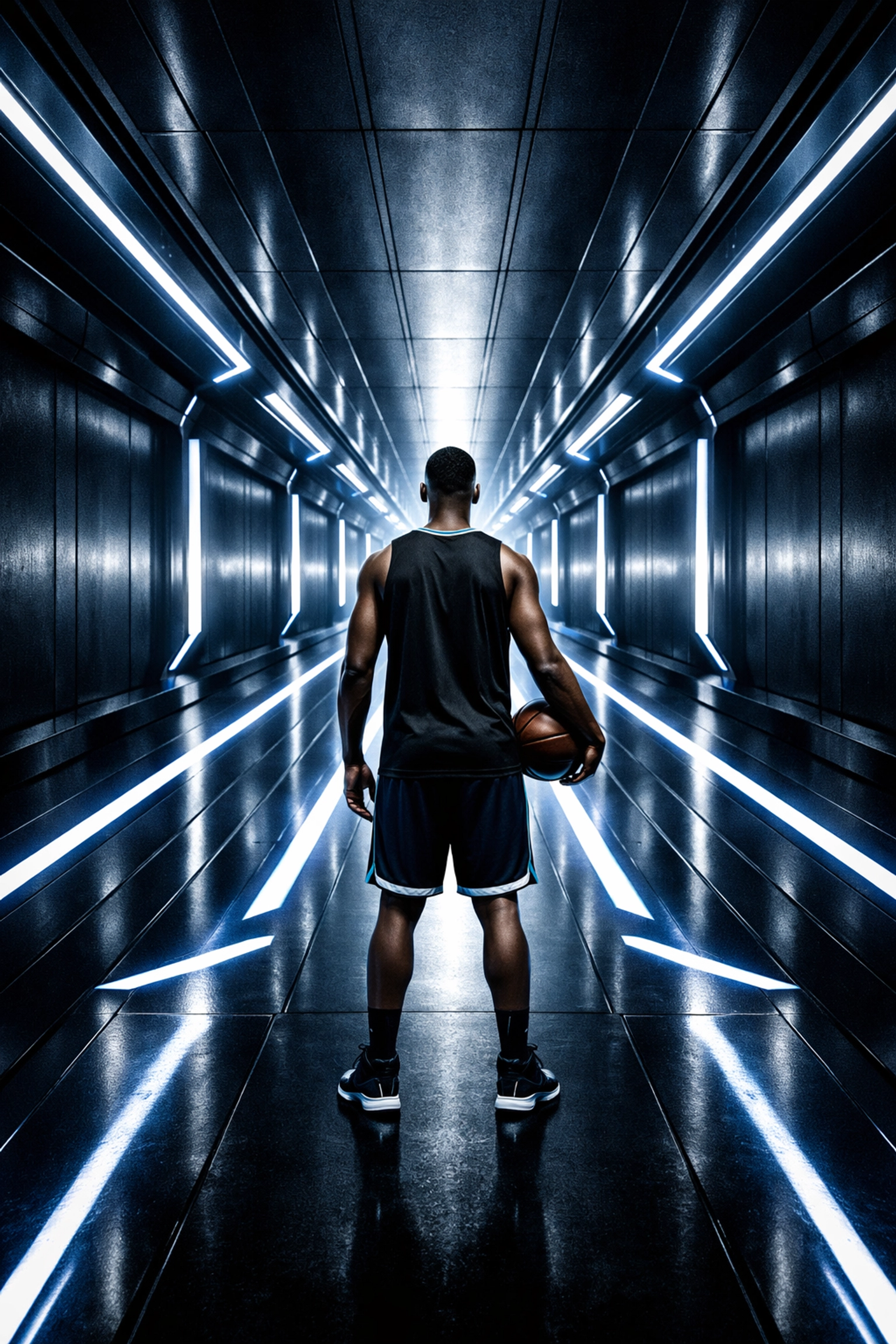 A player in a navy tunnel facing a bright light, representing the Huskies' journey to “3 in 4.”