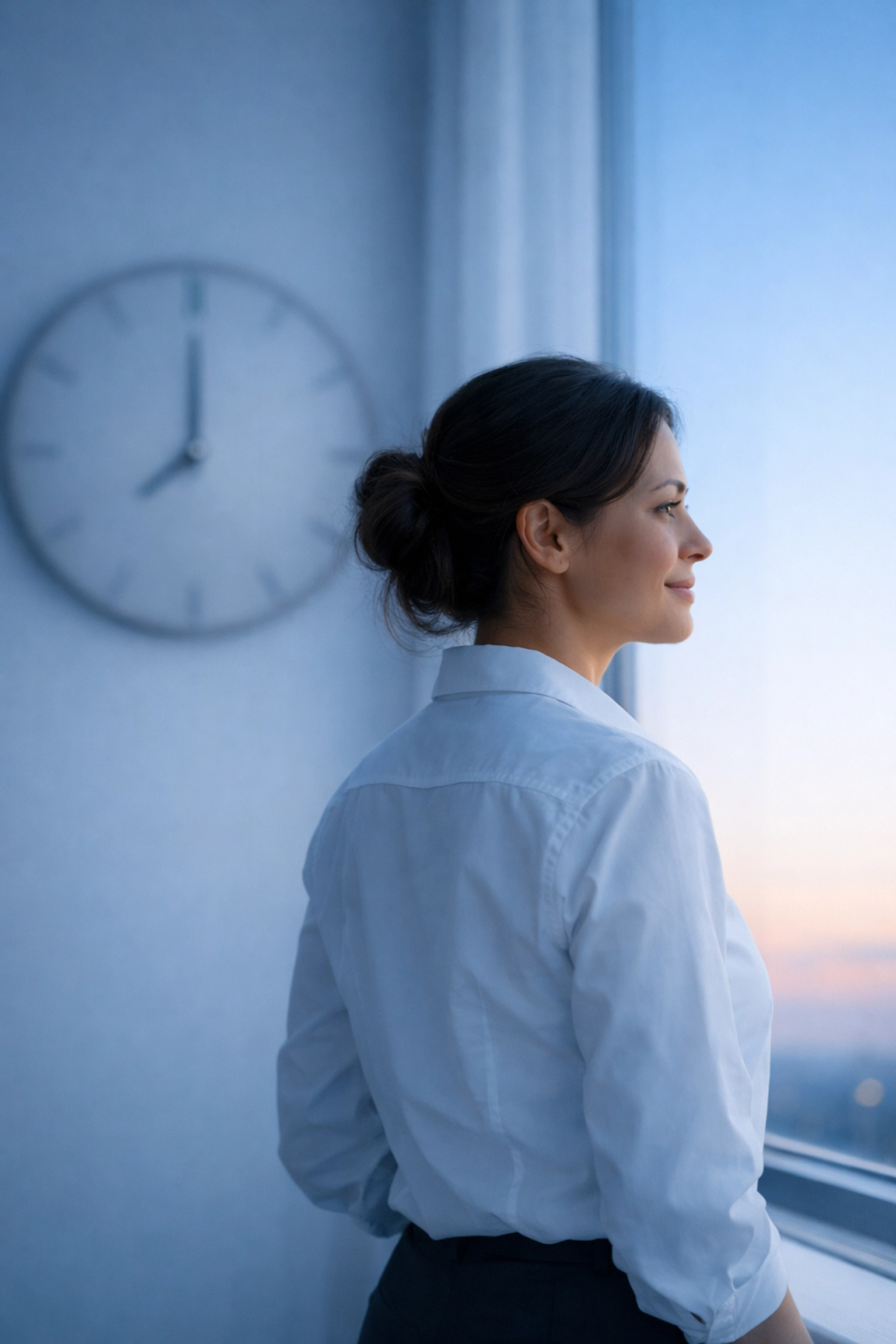 A person standing by a window at dawn, symbolizing a healthy circadian rhythm for mood stability.