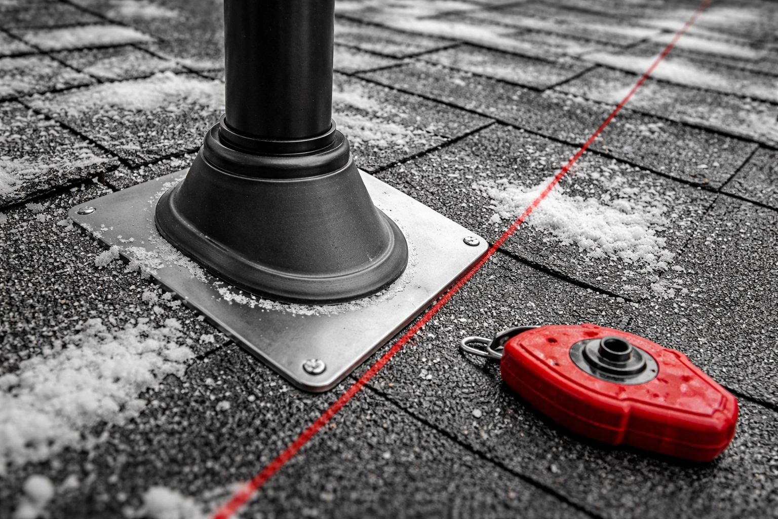 Snow-dusted Salisbury roof penetration showing vent pipe boot and flashing areas to inspect and seal