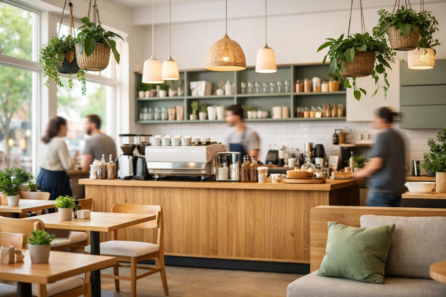 Inviting modern specialty coffee shop interior with natural lighting, plants, and a professional coffee bar.