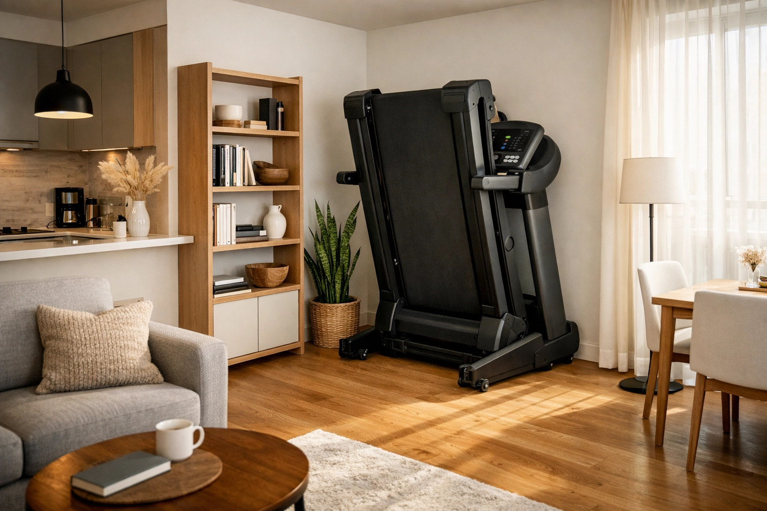 Folded treadmill in a small studio apartment showing how bulky home gym equipment creates clutter.