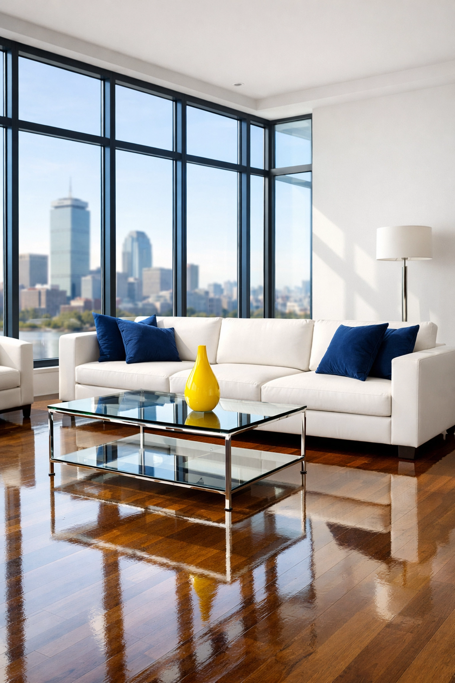 Impeccably clean luxury Boston loft with polished hardwood floors after a professional move-out apartment cleaning.