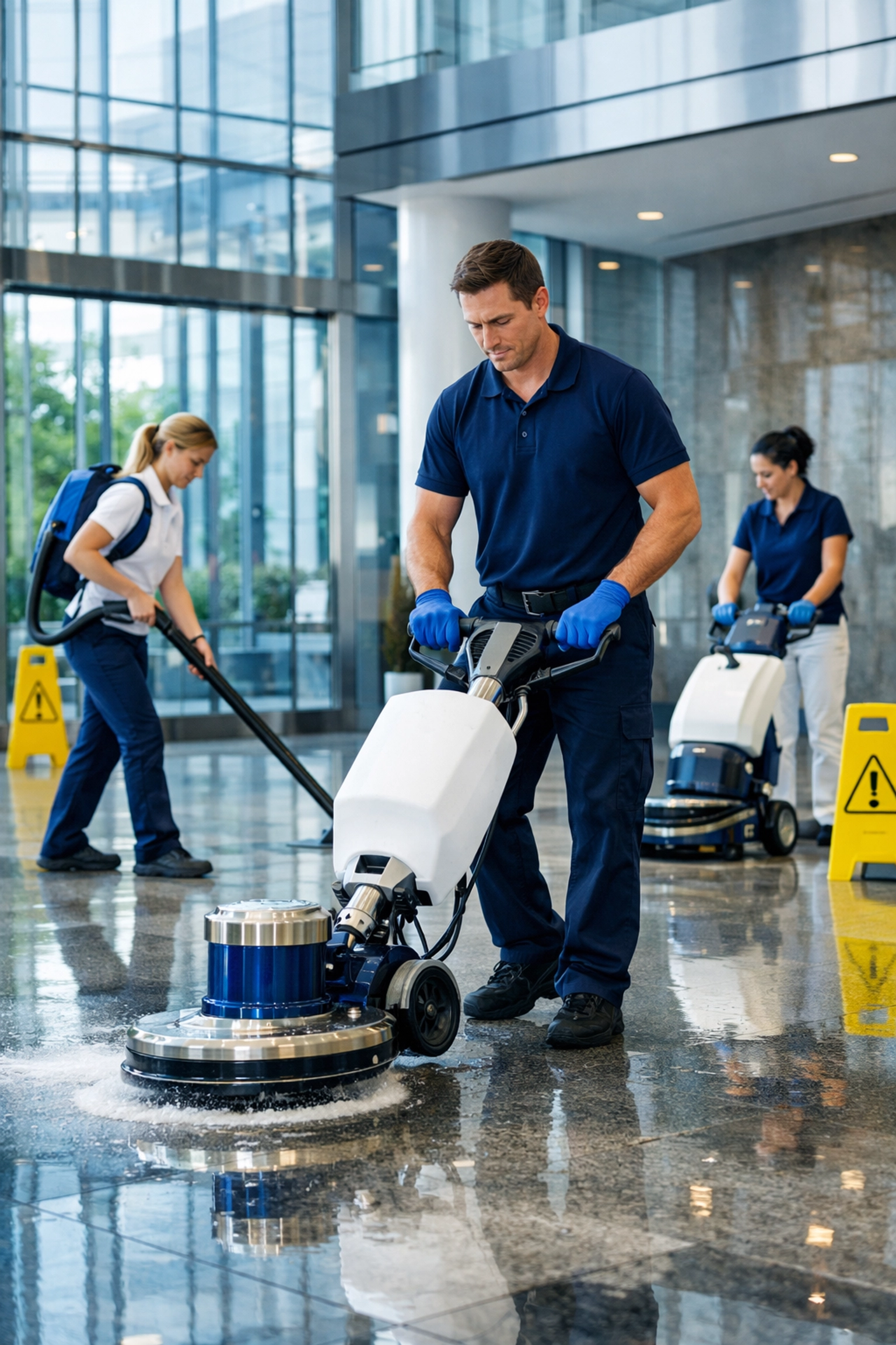 Professional cleaning team performing high-end post-construction cleaning MA for a commercial building.