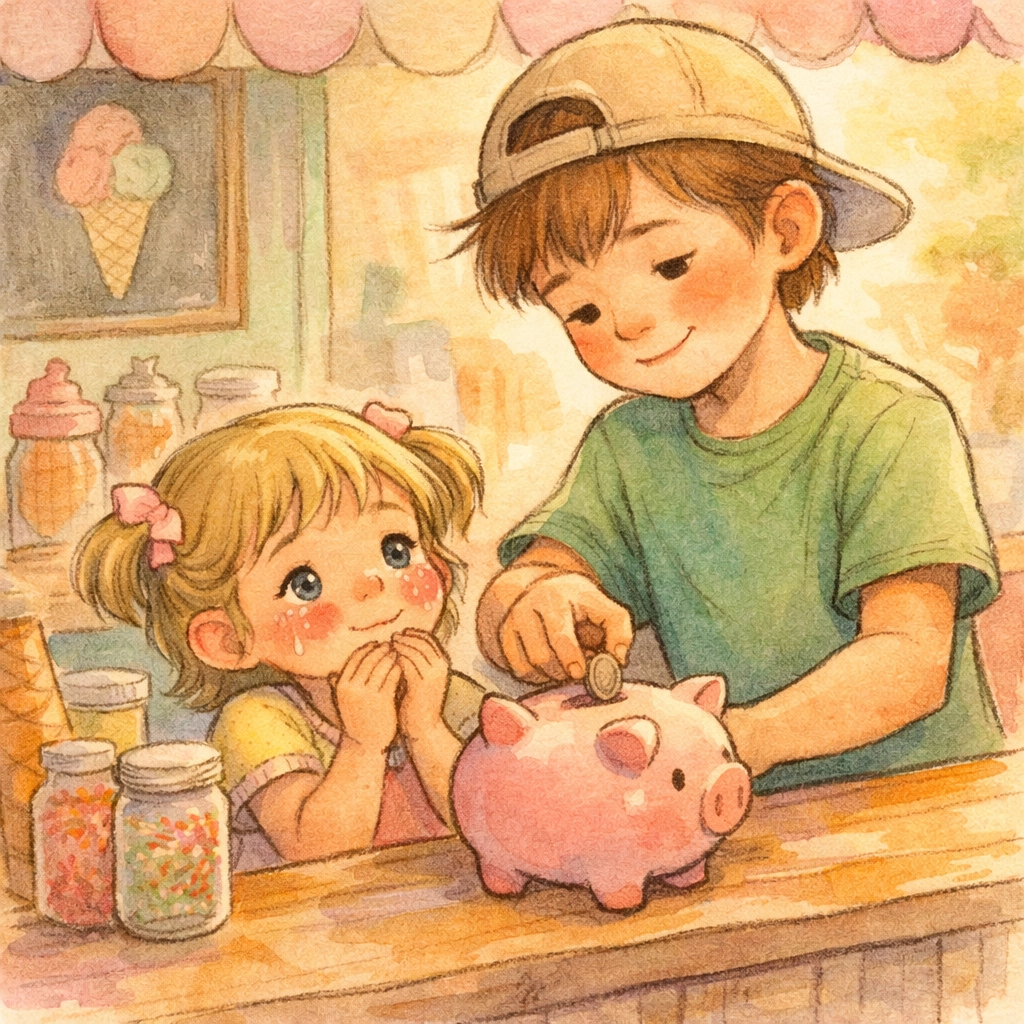 Brother helping sister with piggy bank illustrating Jesus' salvation through sacrificial love for kids