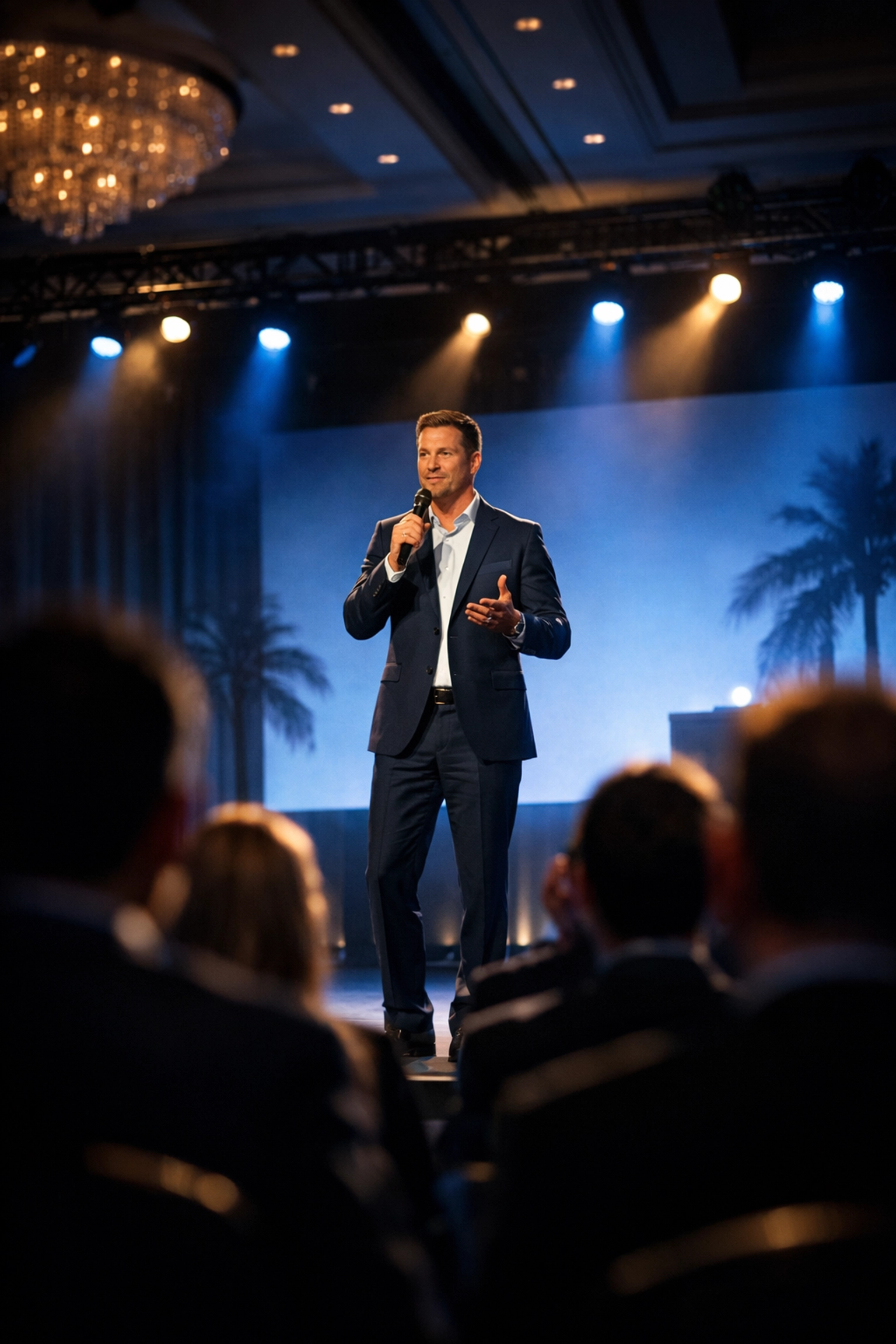 Corporate event photographer Miami capturing a professional keynote speaker on a luxury hotel stage.
