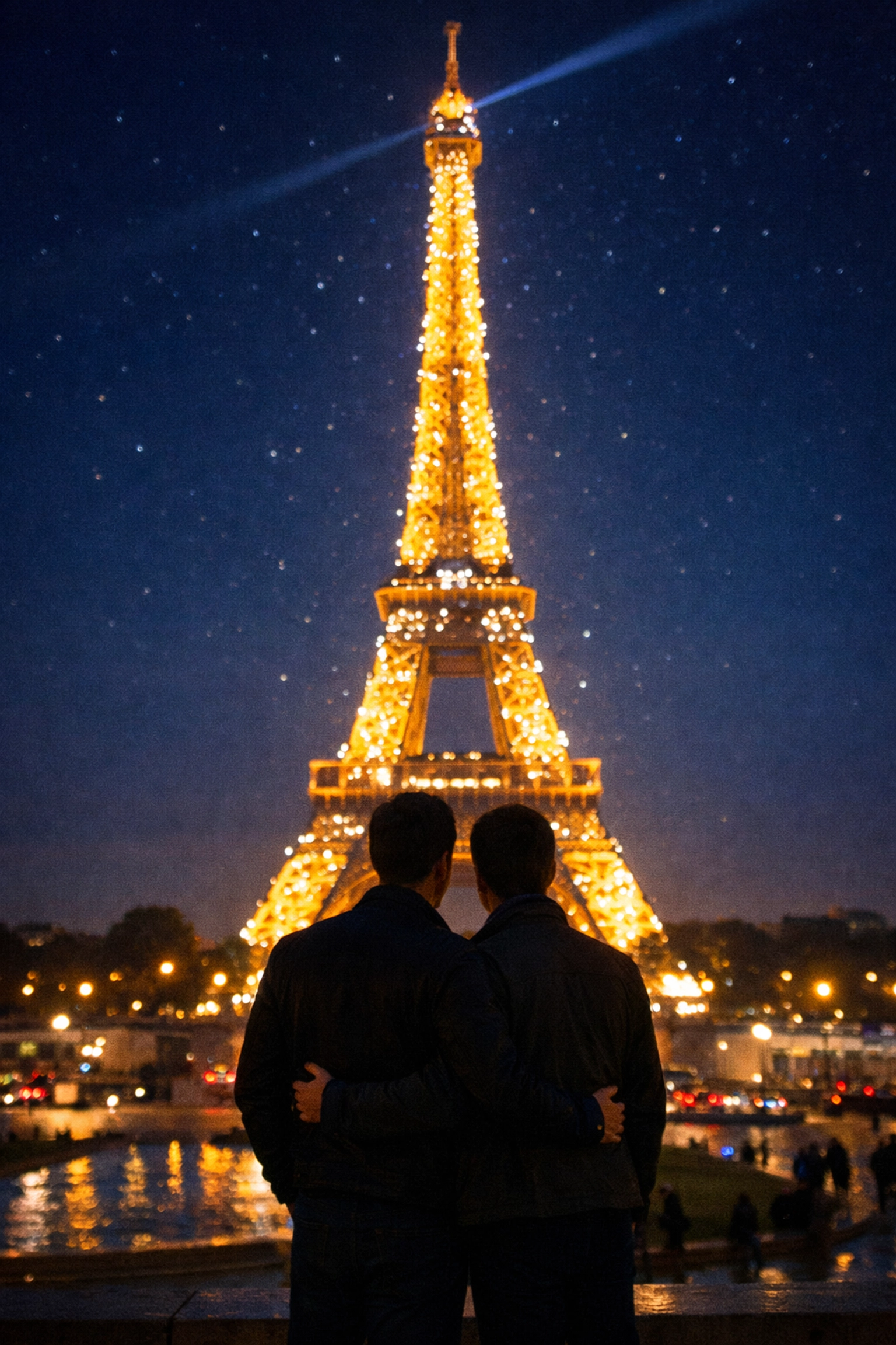 Two men watching sparkling Eiffel Tower light show at night from Trocadéro