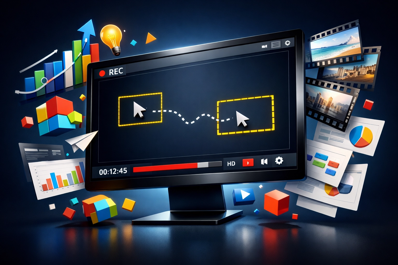 Screen recording tutorial setup displaying various faceless video marketing formats and analytics