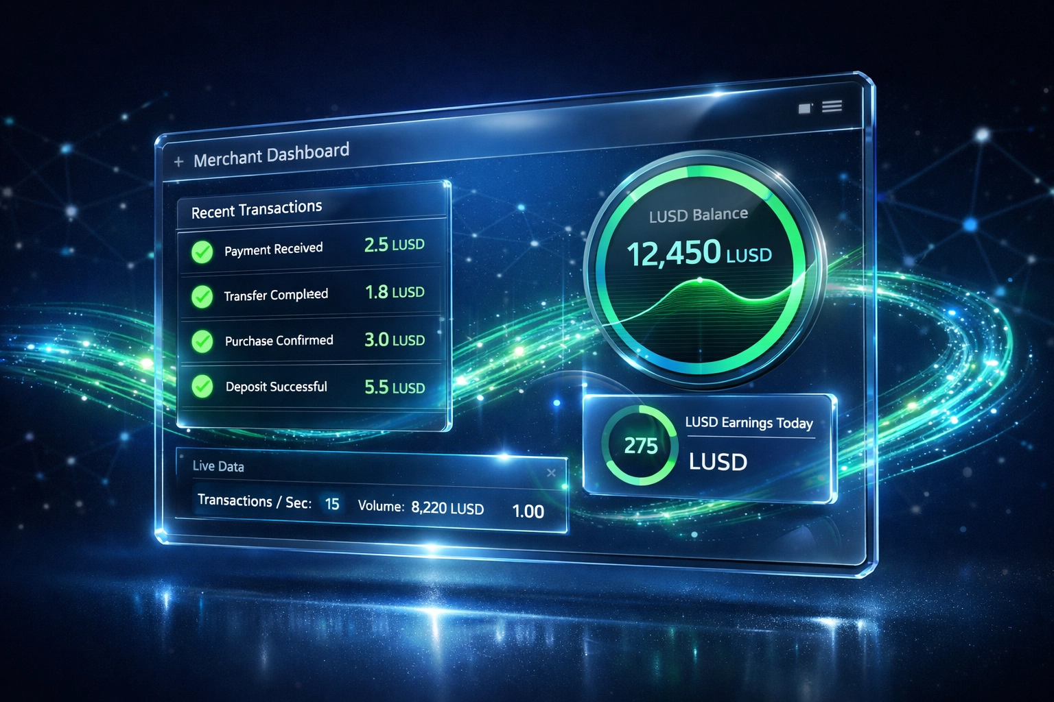 Crypto payment dashboard displaying real-time LUSD stablecoin transactions with confirmation indicators