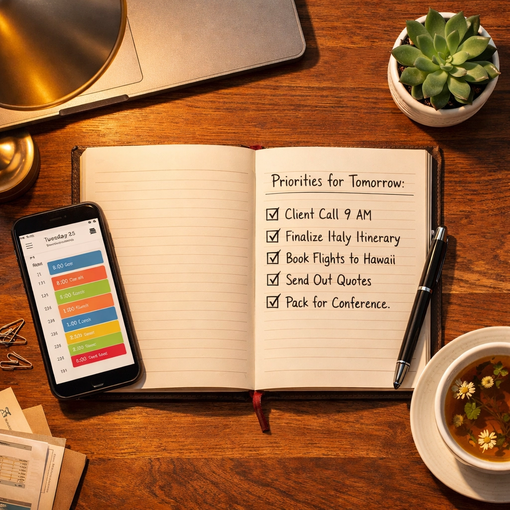 Organized travel agent workspace with planner showing time blocks and priorities for tomorrow