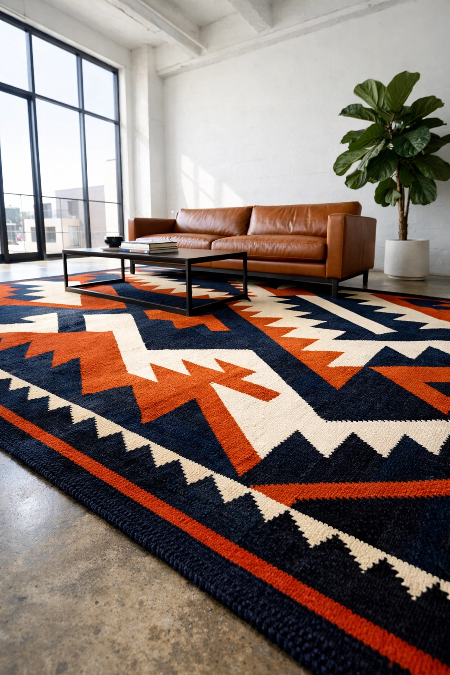 Geometric Persian rug with bold patterns adding character to minimalist modern loft space