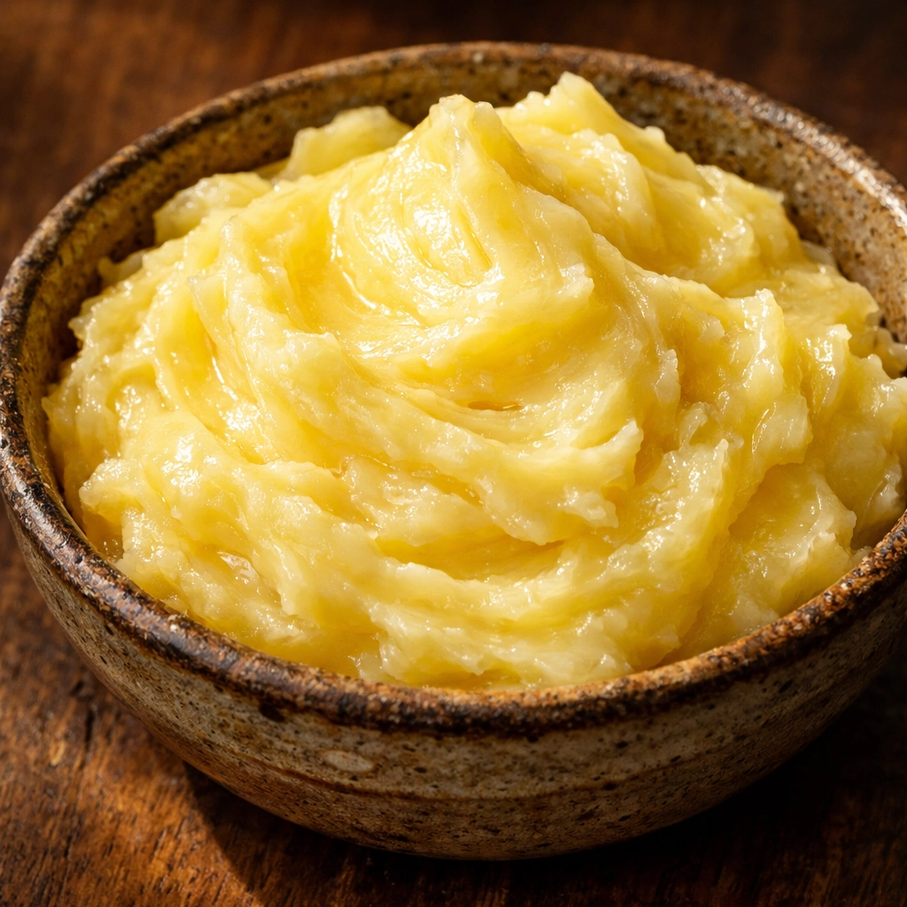 Close-up of golden grass-fed beef tallow in a ceramic bowl, showing its nutrient-dense creamy texture for skin.