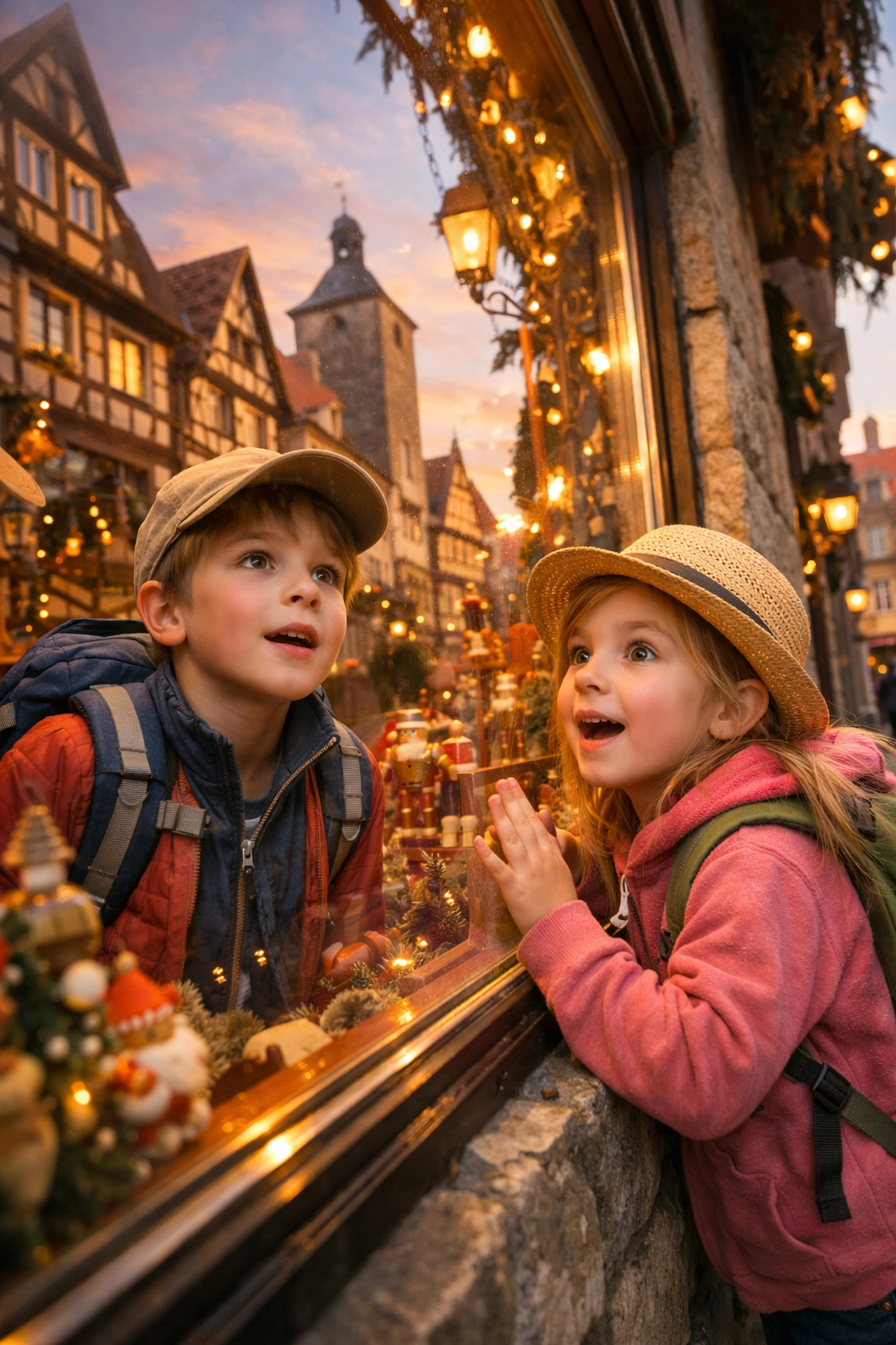 Children playing window shopping bingo on a European street, a fun family travel activity.
