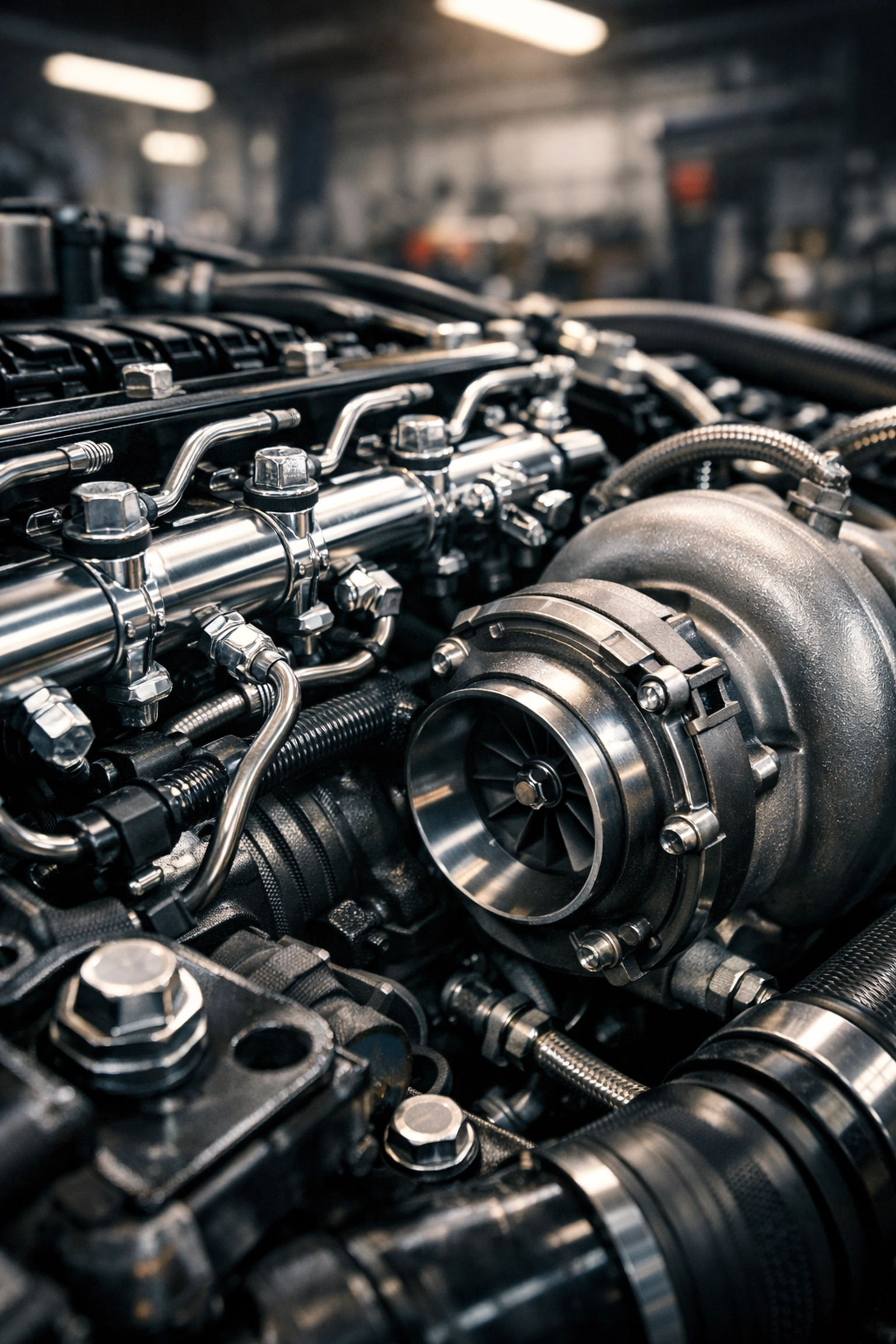 Detailed view of a clean diesel engine bay during a pre-purchase truck inspection in Bend.