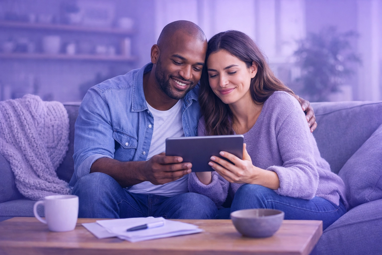 Relieved Canadian couple using a tablet to manage their bad credit loan in Canada.