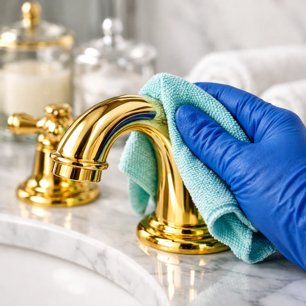 Detailed deep residential cleaning Massachusetts techniques used on a gold faucet in a luxury bathroom.