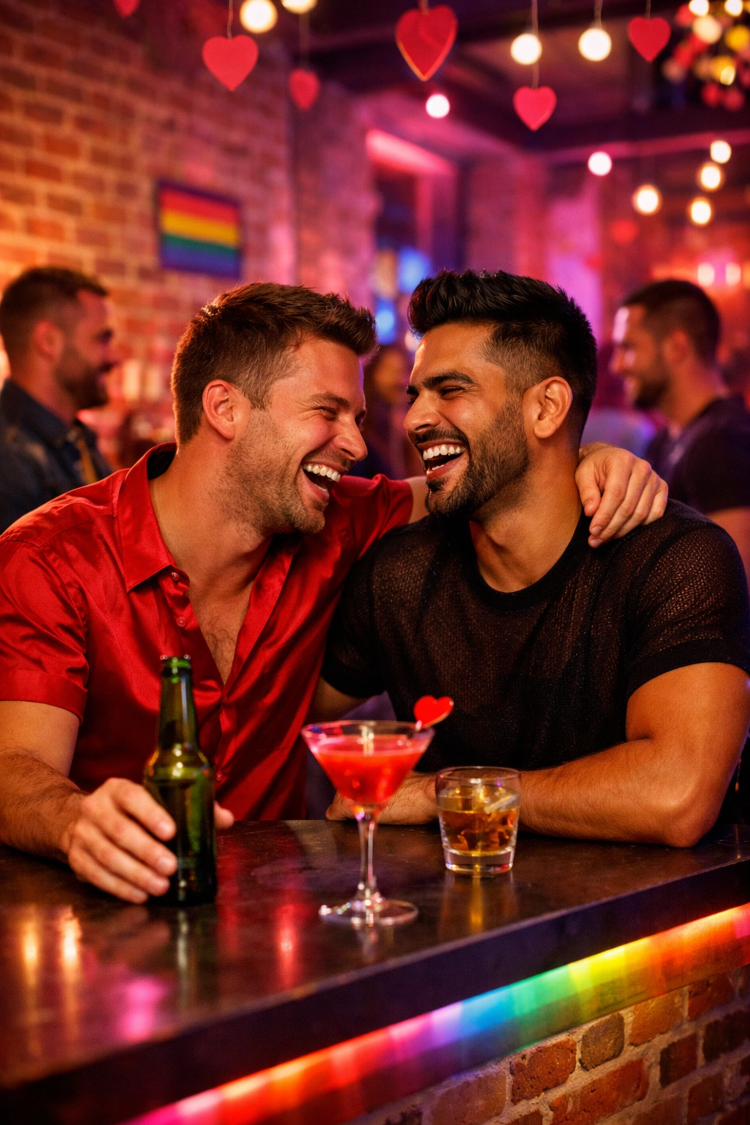 Two men celebrating Valentine's Day at an Amsterdam gay bar with festive lighting