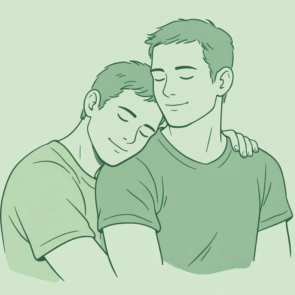 Two men in a tender embrace illustrating queer self-discovery and self-acceptance.