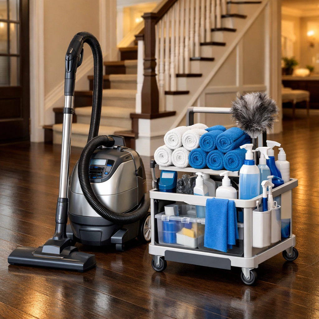 Professional house cleaning services MA equipment ready for a thorough deep clean in a modern foyer.