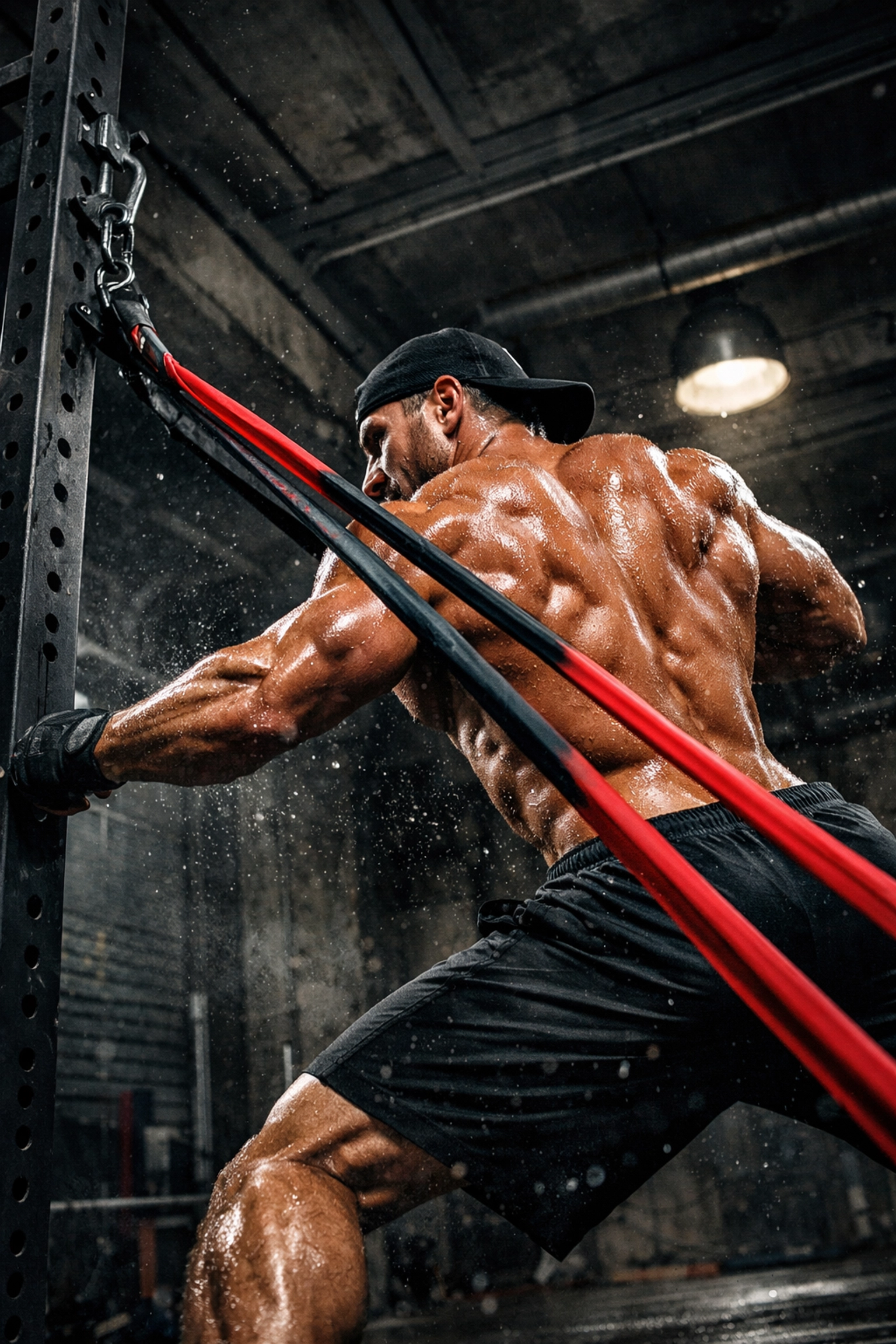 Muscular athlete performing resistance training using bands attached to a floor-to-ceiling gym system.