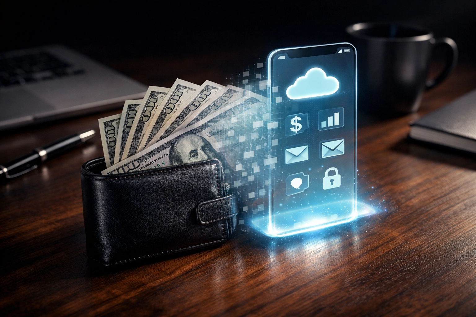 Cash sliding from wallet into digital cloud representing iBuyer hidden fees and equity loss