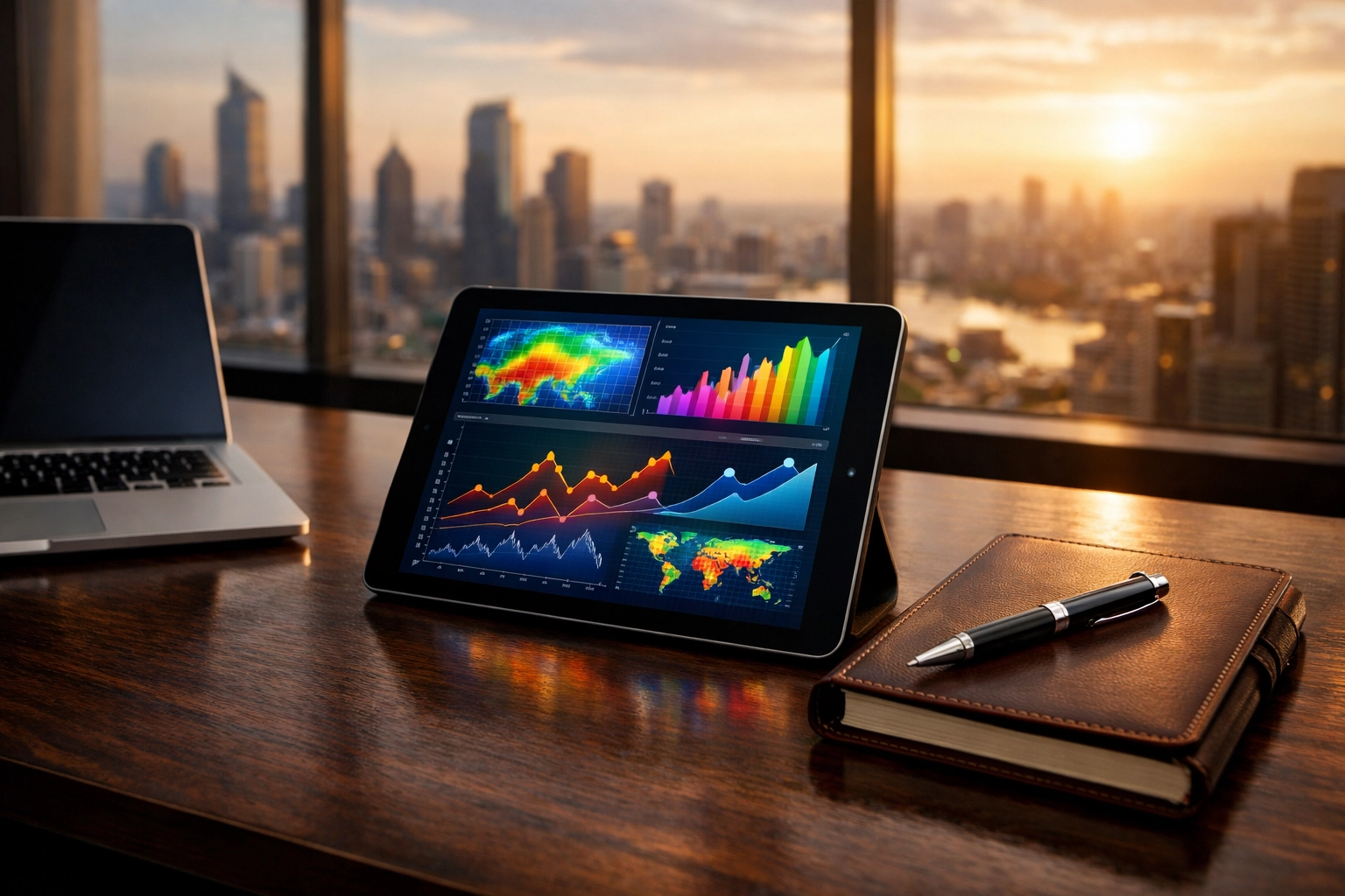Executive desk with digital analytics showing campaign performance and ROI for Super Bowl branding.