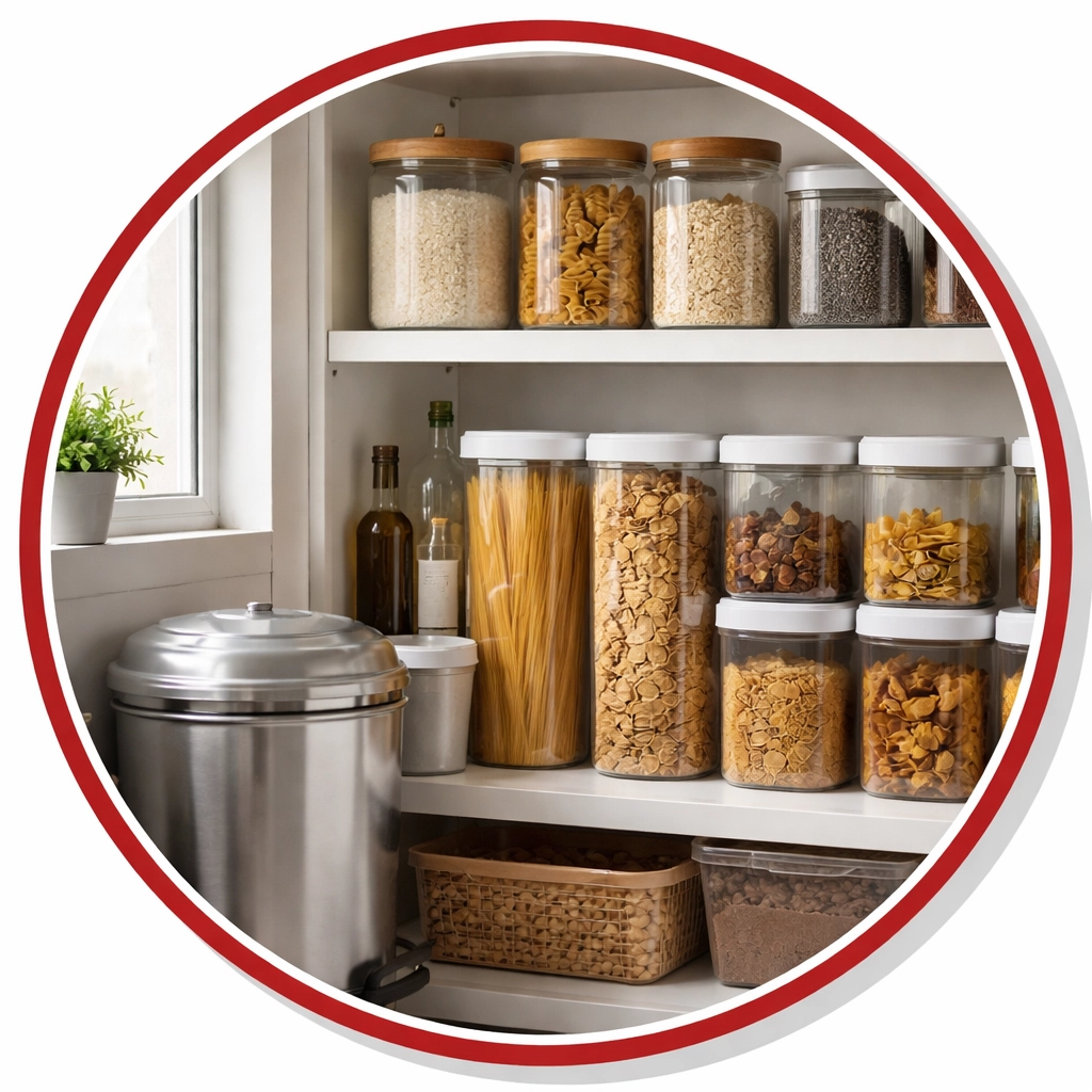 Organized pantry with airtight containers and sealed trash can to prevent rodent infestations