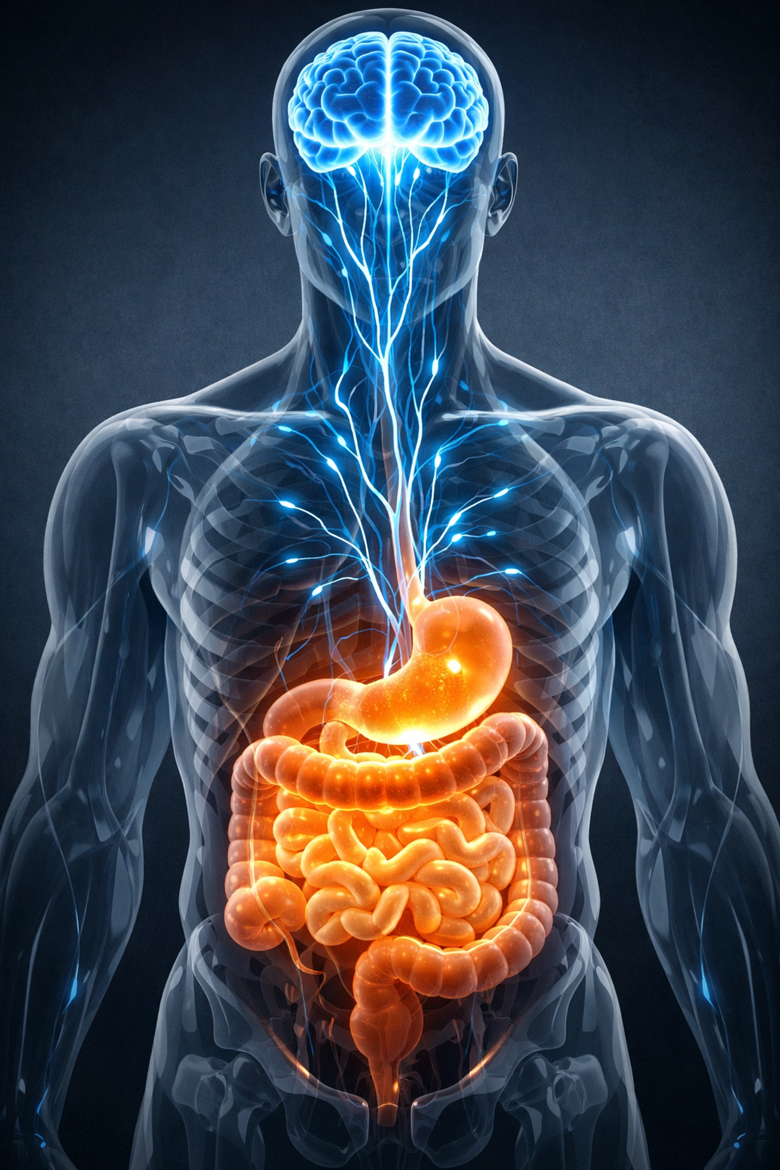 Visualization of the gut-brain axis highlighting neural connections between the digestive system and brain for IBS relief.