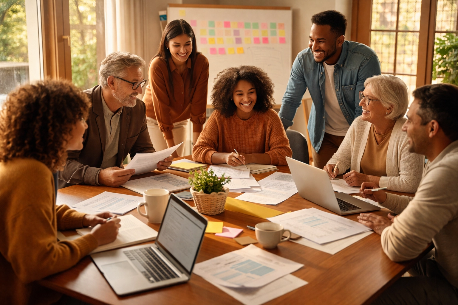 Nonprofit professionals collaborating around a conference table to plan a multi-organization fundraising event