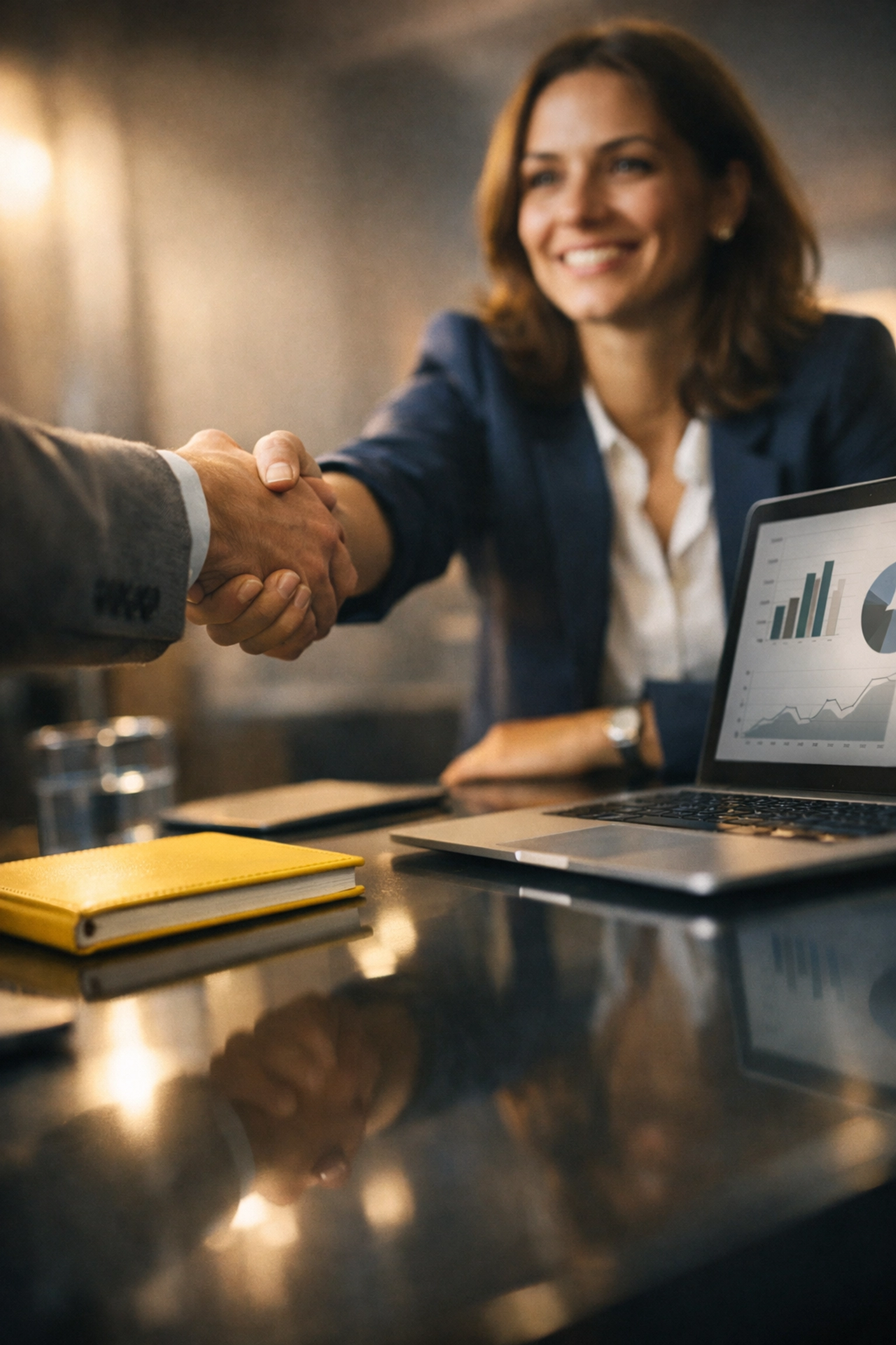 Business professionals shaking hands over strategic consulting meeting for MSP partnership