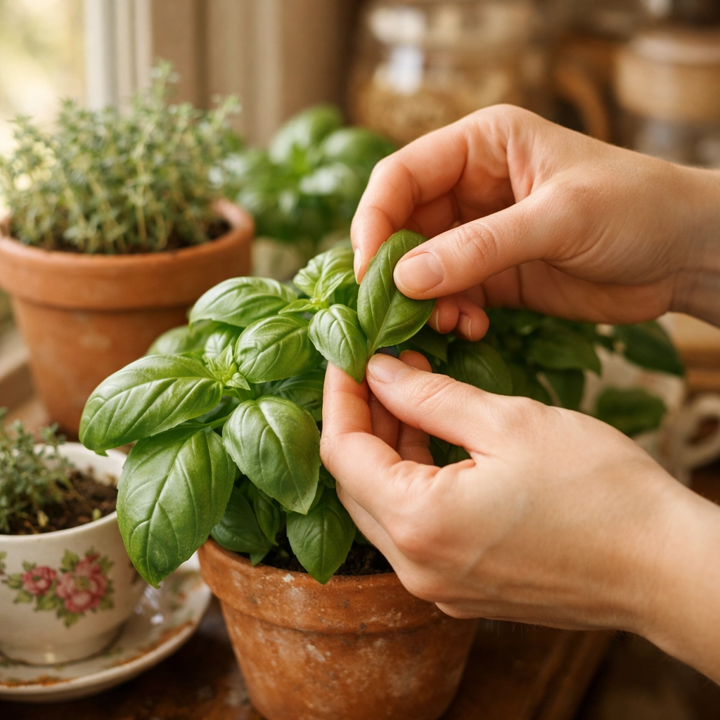 Hands harvesting fresh basil from windowsill herb garden in terracotta pots