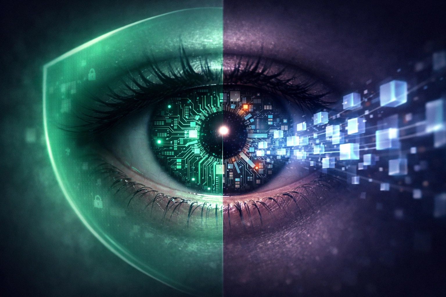 Conceptual eye and circuit board representing the balance of privacy and transparency in CBDC transactions.