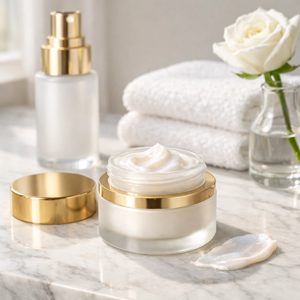 Skincare product demonstration showing cream texture on marble for high-conversion shoppable video content.