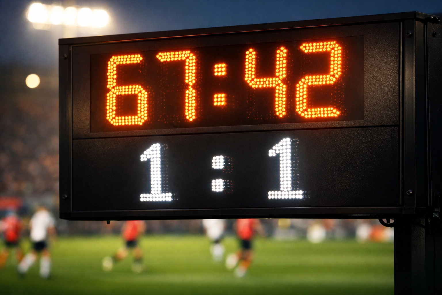 Stadion Anzeigetafel zeigt zweite Halbzeit bei Bundesliga-Spiel mit 1-1 Spielstand