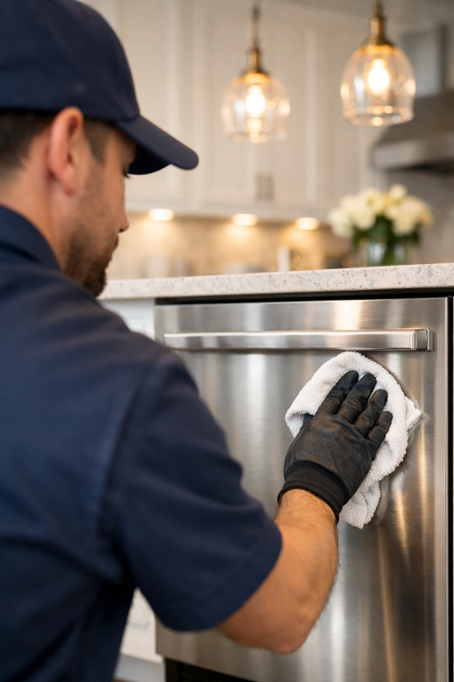 Professional kitchen cleaning specialist buffing a stainless steel dishwasher to a perfect, smudge-free finish.