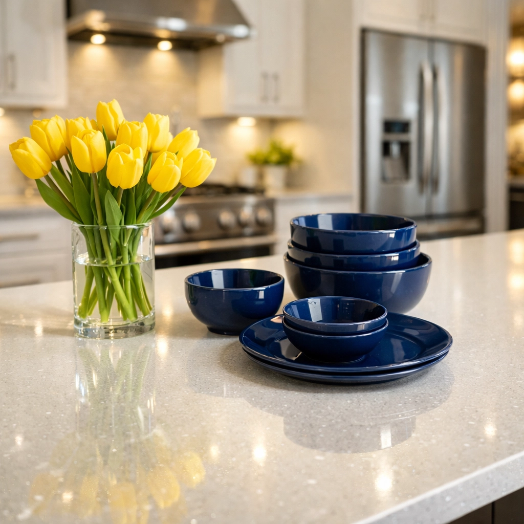 Gleaming quartz kitchen island and polished surfaces after professional bi-weekly house cleaning in Maynard.