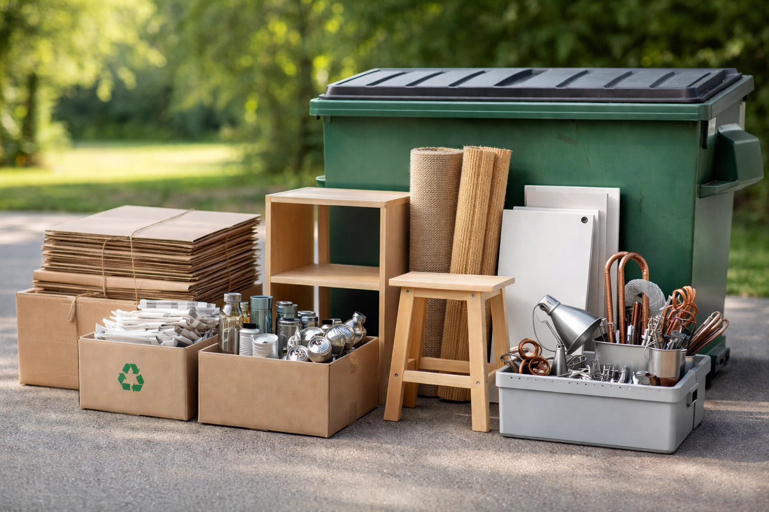Recyclables and reusable items organized by a dumpster, highlighting eco-friendly waste disposal options.