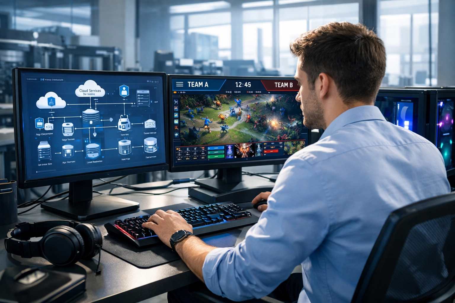 Professional in an innovation lab using esports infrastructure to develop cloud and AI literacy skills.