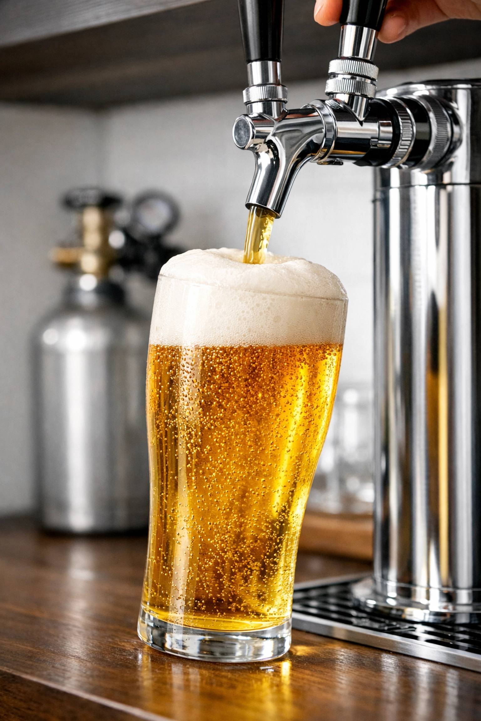 Close-up of a perfect beer pour from a home bar tap using food-grade CO2 for crisp carbonation.