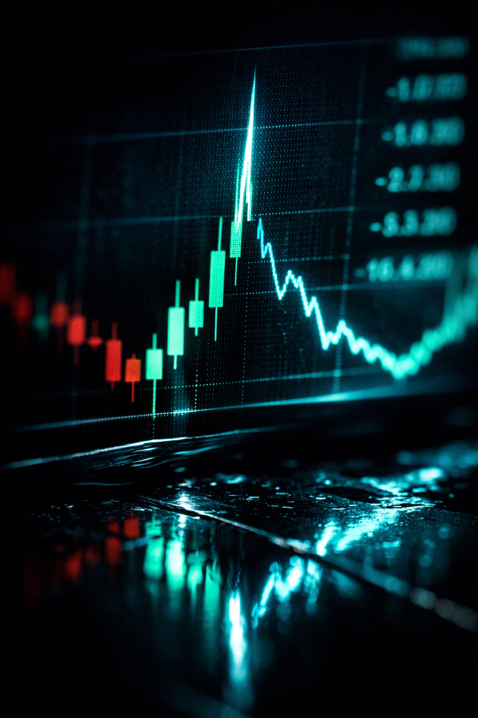 Close-up of volatile crypto price candles on a digital screen highlighting risk management and trailing drawdown.