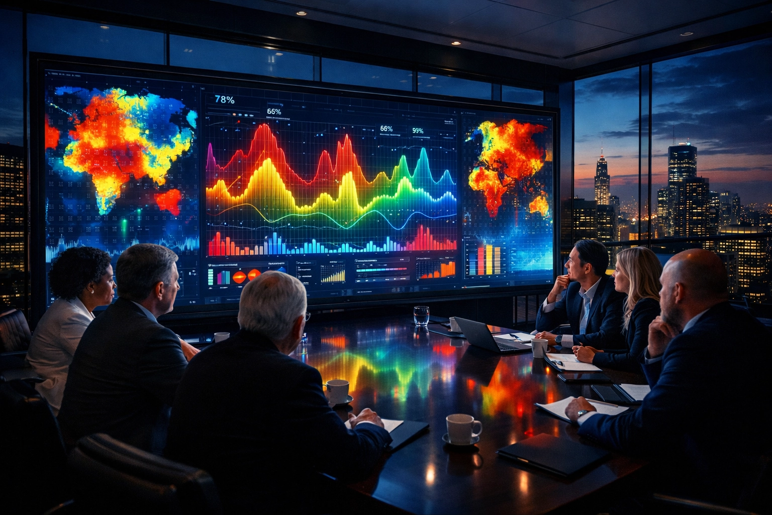 Marketing executives analyzing real-time fan sentiment and ROI data in a modern boardroom.