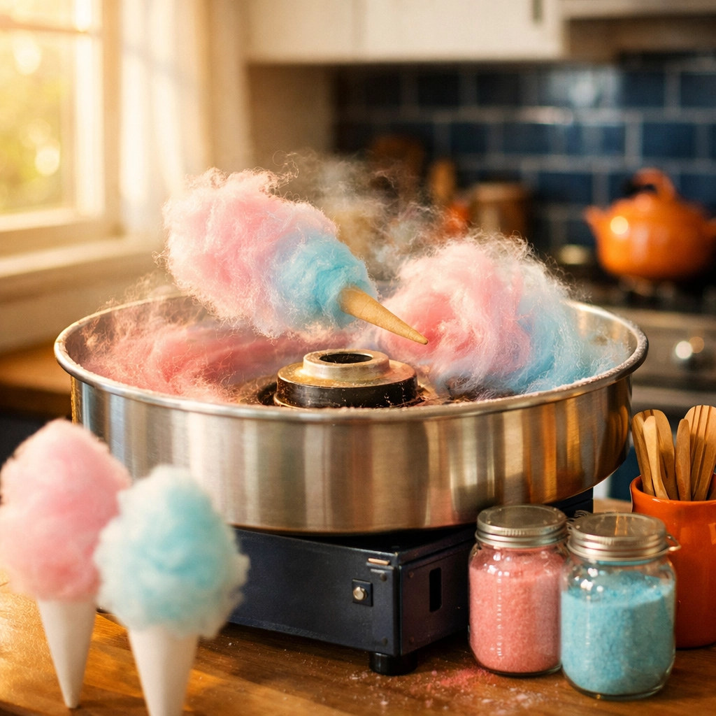 Cotton candy machine rental on kitchen counter spinning pink and blue treats