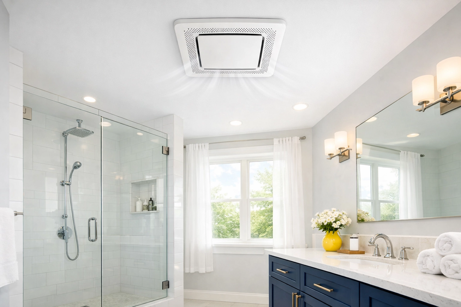 A well-ventilated modern bathroom with a ceiling exhaust fan to keep surfaces dry and clean.