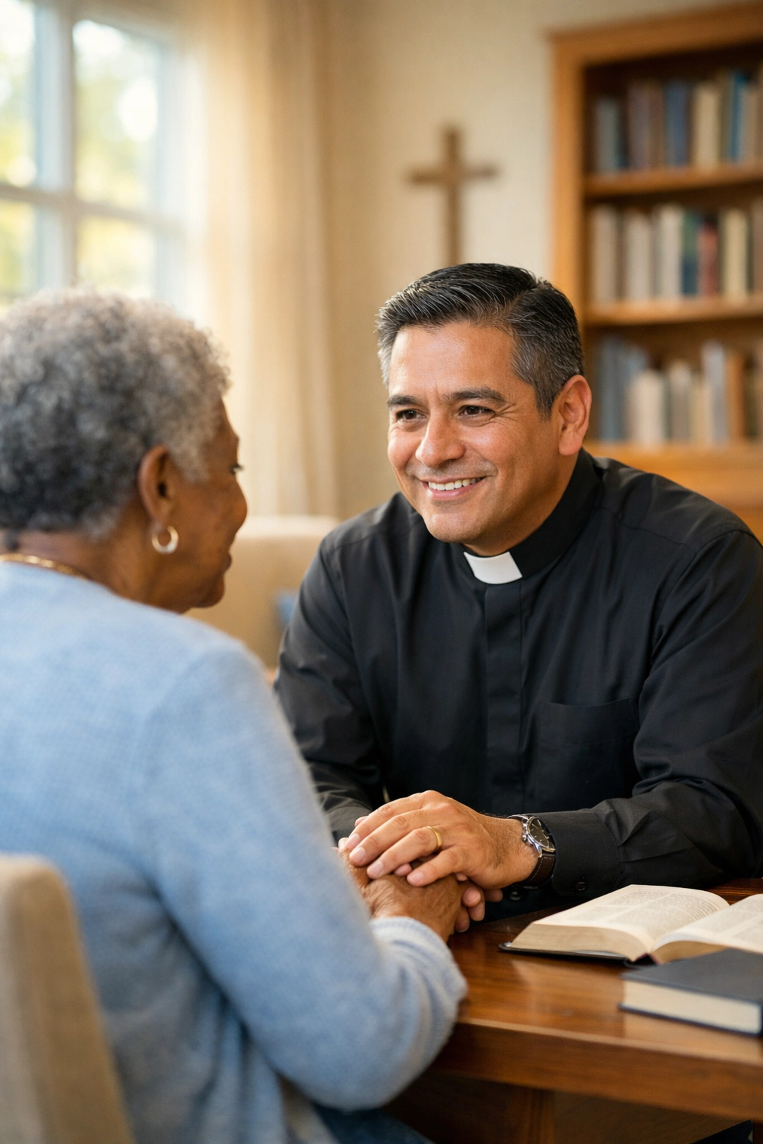 A Hispanic pastor providing spiritual direction, illustrating the impact of a debt-free doctor of ministry degree.