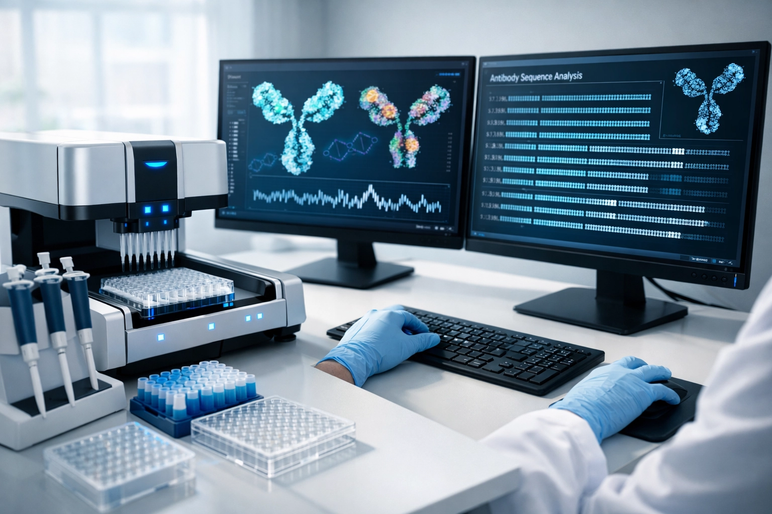 AI-powered antibody discovery laboratory combining computer analysis with robotic automation