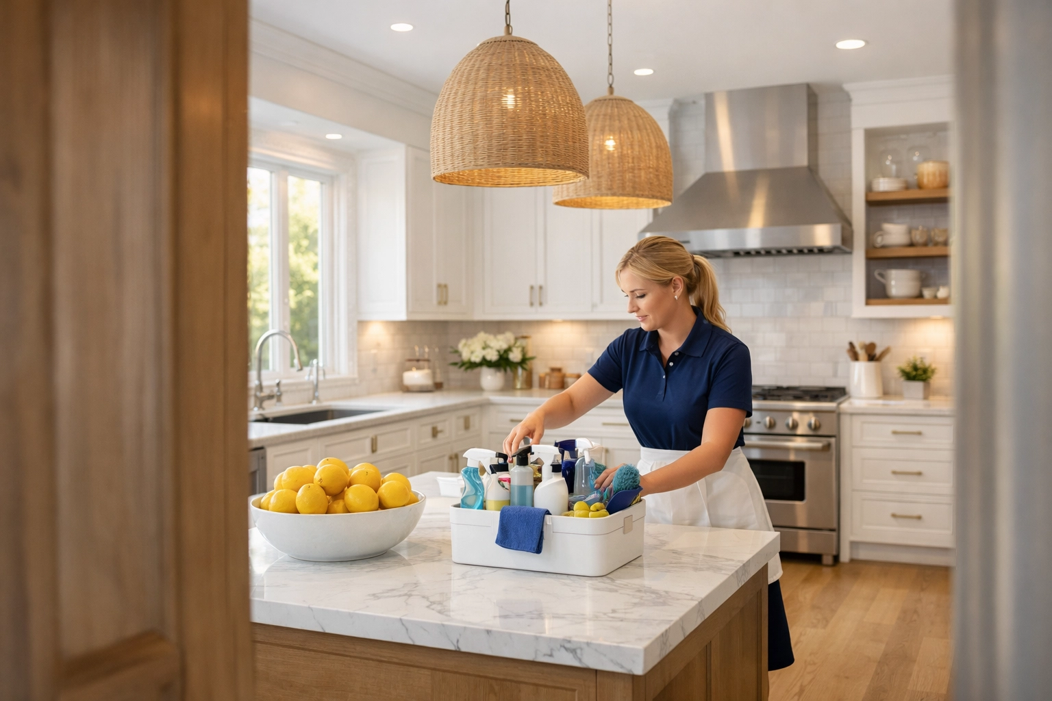 Professional cleaner preparing a kitchen for a bi-weekly house cleaning service.