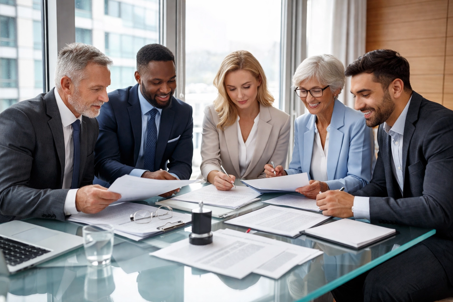 Business professionals and advisors collaborating with documents, highlighting the role of commercial bonds in financial and licensing practices.