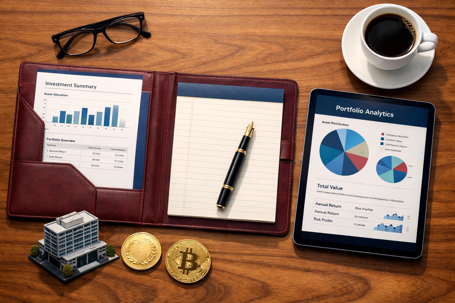Investment portfolio planning desk with private equity, real estate, and crypto analysis