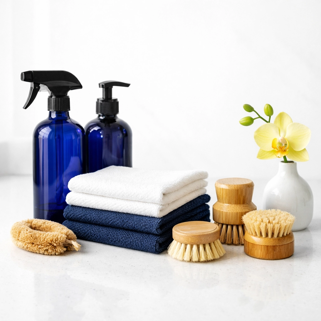Premium eco-friendly supplies and microfiber cloths used for residential cleaning Massachusetts.