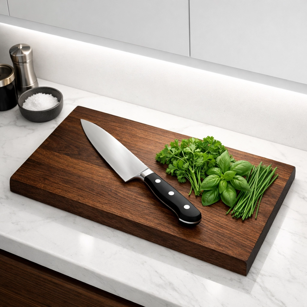 High-output linear LED strip lighting a luxury kitchen countertop and cutting board.