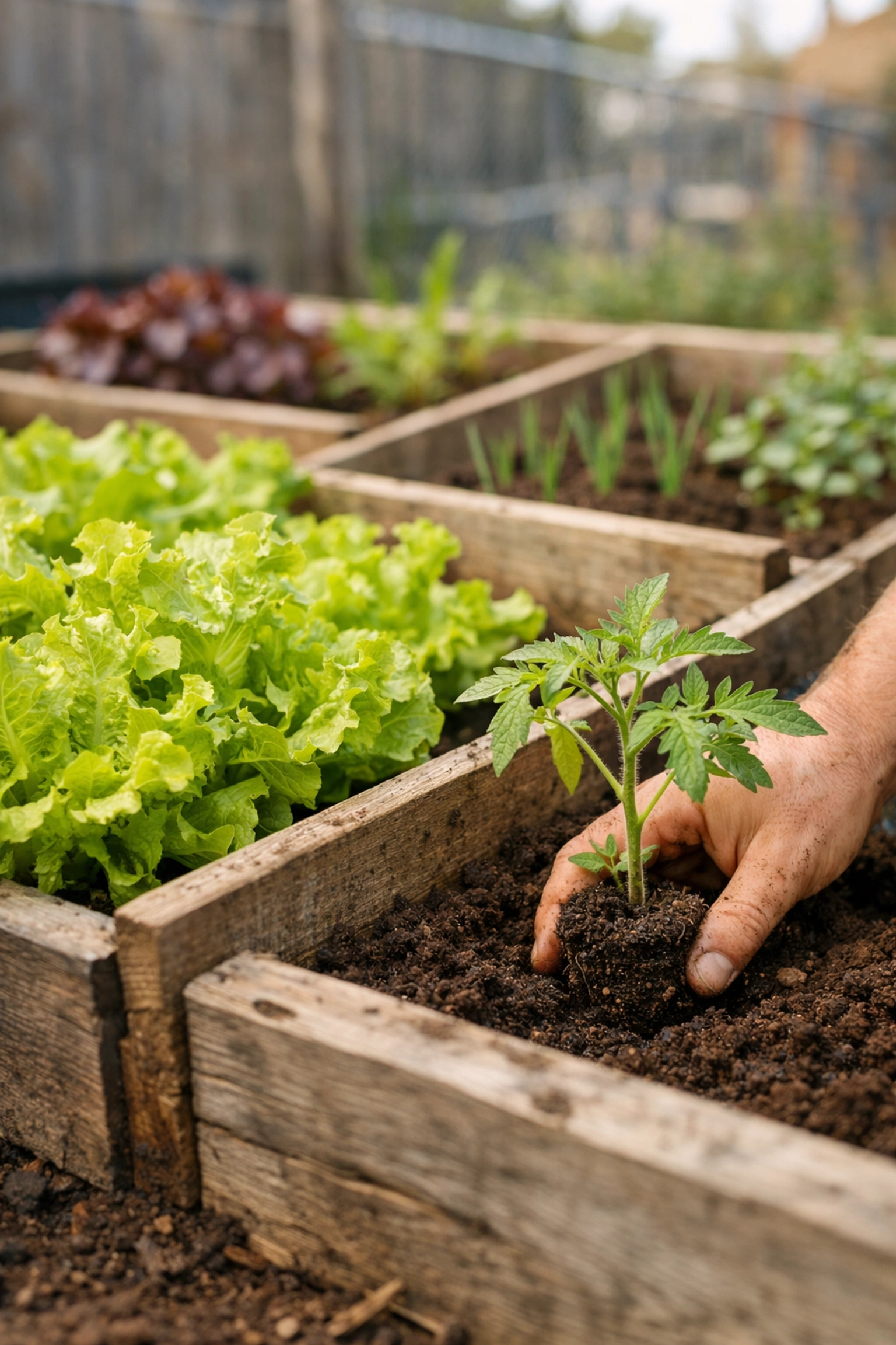 Small raised bed garden with divided sections showing crop rotation in limited space